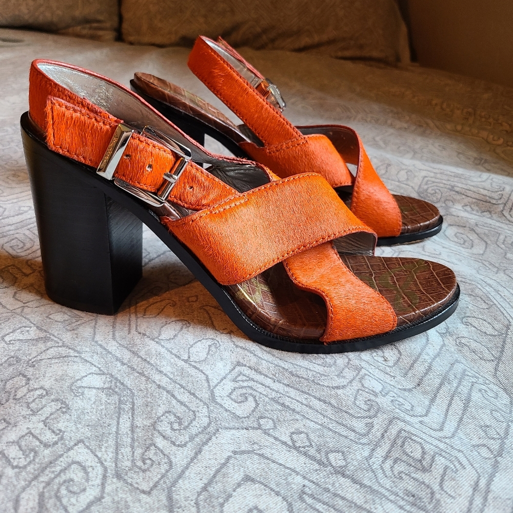 Sam Edelman block heel sandel in orange calf hair
